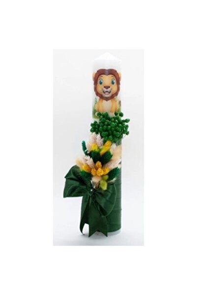 OEM Λαμπάδα Βάπτισης, Αποξηραμένα Λουλούδια και Λιοντάρι, 35x6εκ., Πράσινη