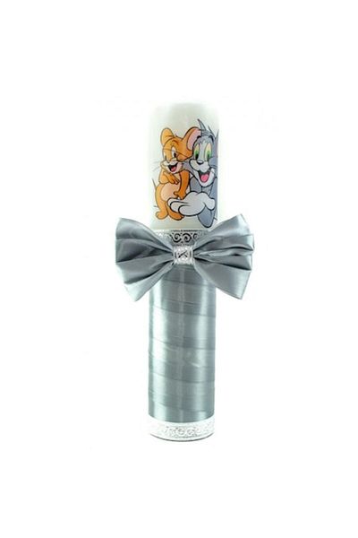 OEM Lumânare de botez, Tom și Jerry, panglică gri, 30x6,5cm