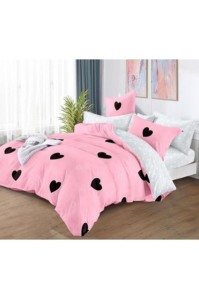 OEM Double Bed Linen Set, 2-sided, Heart Pattern, 6 pieces, 180x200cm, Finet Satin, Pink-Black