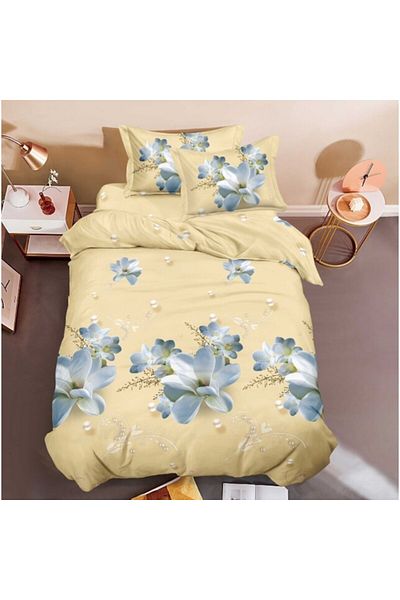 OEM Lenjerie de pat, Finet, Imprimeu 3D Multiplicat, 4 piese, 1 persoana, 155x200cm, Flori Albe, Alb-Bej