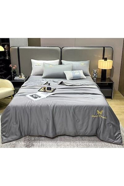 OEM Double Bedding Set with Summer Quilt, Uni, 4 Pieces, Grey, 245x250cm, Silk
