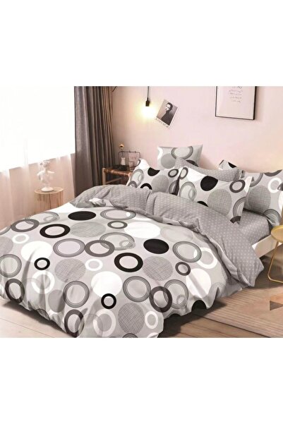 OEM Double Bedding Set, 2 Persons, Pucioasa, Cotton, Finet, 6 Pieces, White/Grey, Circles Pattern