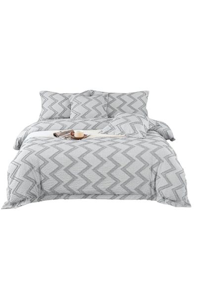OEM Luxury Bedding Set, Cotton and Linen, Wave Pattern, 6 Pieces, 2 Persons, 180x200cm, Light Gray