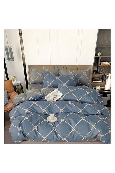 OEM Lenjerie de pat dublă, romburi, 2 persoane, 240x250cm, Finet, albastru-bej