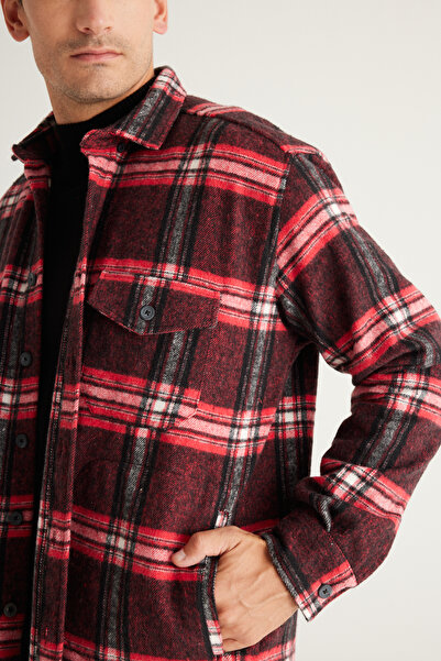 AC&Co / Altınyıldız Classics Men's Red-black Oversize Loose Cut Button Collar Checked Lumberjack Winter Shirt Jacket