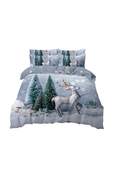 OEM Lenjerie de pat, Finet, Imprimeu Festiv Craciun, Shining Reindeer, 6 piese, 2 persoane, 240x250cm, M