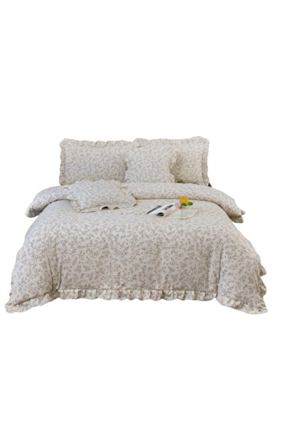 OEM Set lenjerie pat de lux, bumbac, design cu volane, 6 piese, floral , dime...