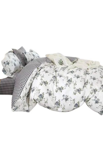 OEM Lenjerie de pat, 6 piese, 2 persoane, 230x250cm, Finet, Imprimeu Carouri si Flori, Multicolor