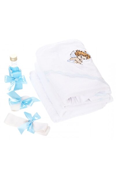 OEM Trusou Botez, 7 piese, Model Ingeras Brodat, Alb-Albastru Deschis