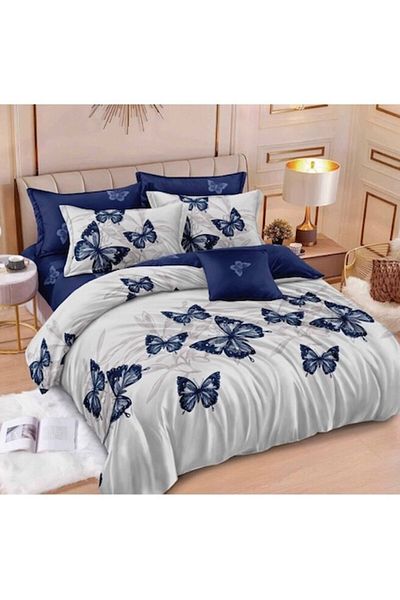 OEM Double Bedding Set, Reversible Fitted Sheet, 6 Pieces, Navy Butterfly Print, 2 Persons, 180x200cm, S