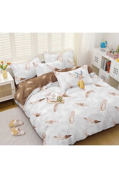 OEM Double Bedding Set, Satin Cotton, 4 Pieces, 240x250cm, Feather Print, Beige-White