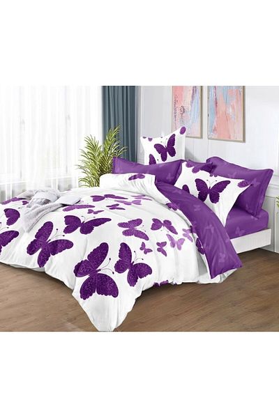OEM Double Bed Linen Set, 6 Pieces, Butterfly Print, 180x200cm, Finet Satin, White-Purple