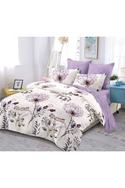 OEM Lenjerie de Pat, Finet, 4 piese, 1 persoana, 160x200cm, Imprimeu Inimi, Ivoire-Lila