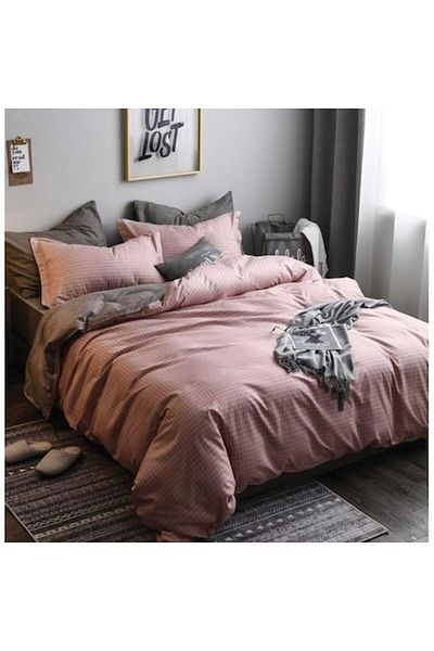 OEM Lenjerie de pat dublu, Bumbac Satinat, 4 piese, 2 persoane, 240x250cm, Imprimeu Bicolor, Gri-Corai