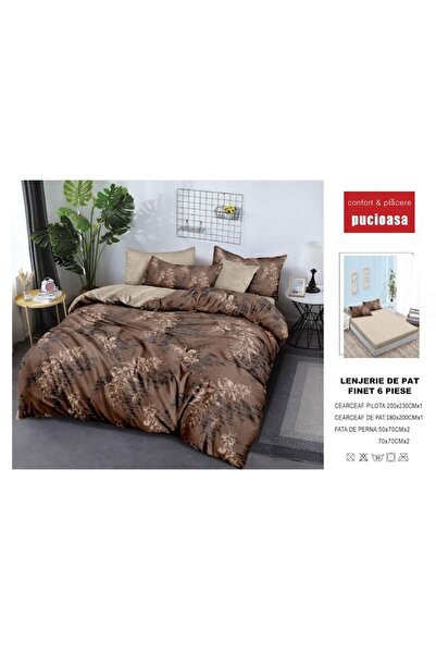 OEM Double Bed Linen Set, 6 Pieces, 2 persons, 180x200cm, Finet, Branches Print, Brown-Beige