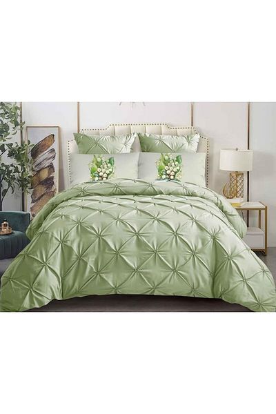 OEM Lenjerie de pat dublu, Primavara, Model Pliuri, Finet, 6 piese, 2 persoane, Uni, 180x200cm, Verde Ou