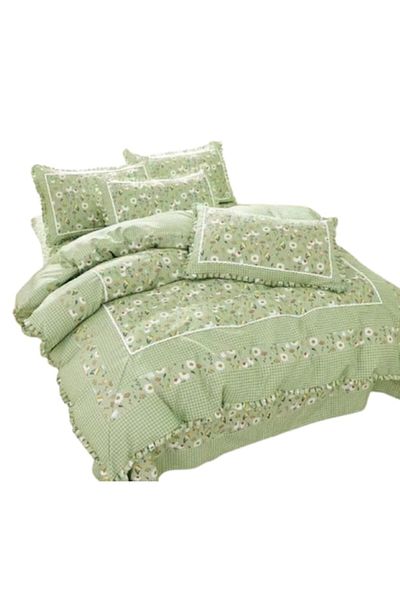 OEM Lux Bedding Set with Ruffles, Finet, 4 Pieces, Floral Print, Duck Egg Green-White