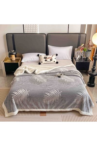 JOJO HOME Fleece Blanket Jojo Home, Double, 200x230cm, Fern Leaves Print, Grey