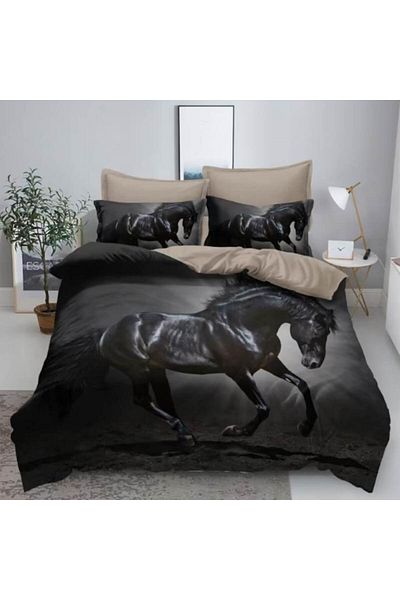 OEM Lenjerie de pat dublă, 230x250 cm, 6 piese, 3D, Finet, imprimeu cu cai, negru
