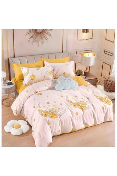 JOJO HOME Double Bed Linen Set, Jojo Home, 6 Pieces, 180x200cm, Finet Superior, Star Pattern, White-Yellow
