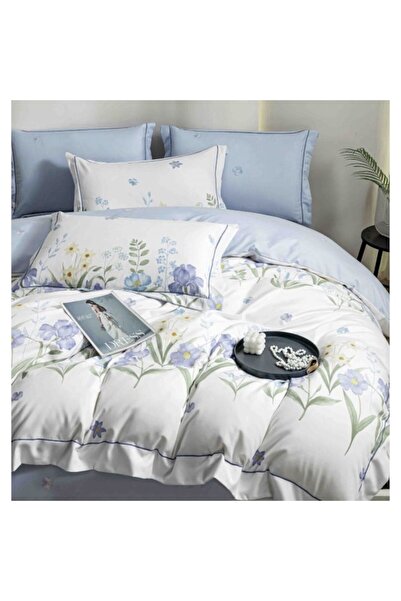 OEM Set de lenjerie de pat de lux, bumbac fin, 6 piese, 2 persoane, 180x200cm, floral, alb-albastru