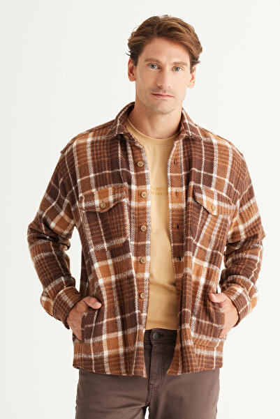 AC&Co / Altınyıldız Classics Men's Mink-brown Oversize Loose Cut Button Collar Plaid Winter Shirt Jacket