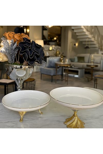 Sillage Home Set of 2 Gold Gilded Porcelain Pit Serving Plates, Presentation Set -26 cm
