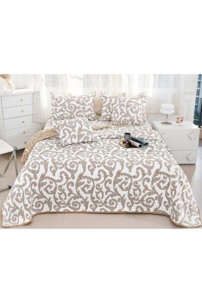 OEM Bedspread Cotton and Linen, 5 pieces, 2-person, Abstract print, 230x250cm, Beige-White