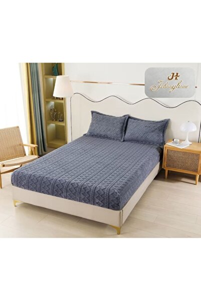 OEM Husa de pat Cocolino si 2 fete de perna, tip Tricot, Uni, 3 piese, 2 persoane, 180x200cm, Albastru