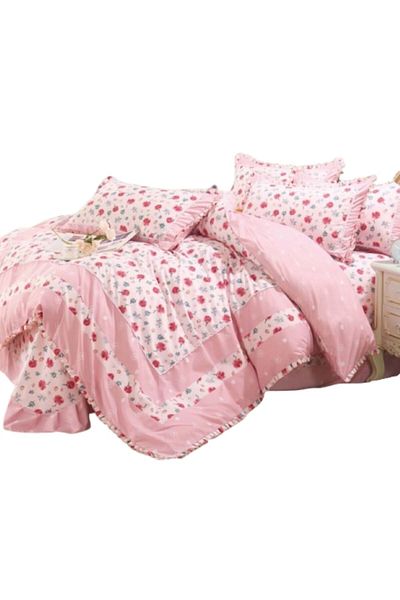 OEM Luxury Bedding Set with Ruffles, 4 Pieces, Floral Print, Pink, 230x250cm