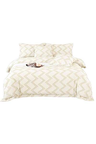 OEM Luxury bed linen set, cotton and linen, wave design, 6 pieces, 180x200cm, ivory