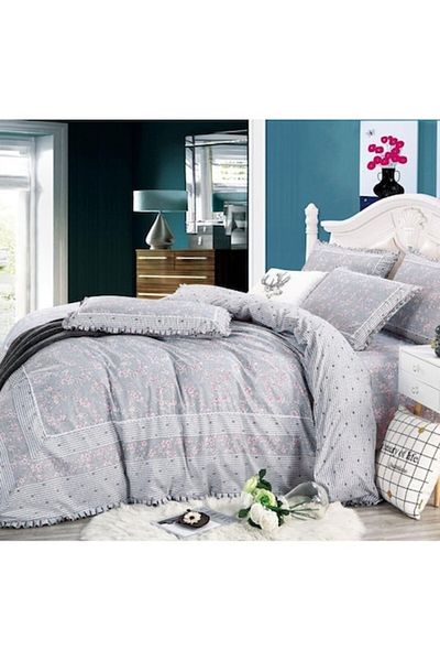 OEM Luxury Bedding Set with Ruffles, Cotton Finet, Stripes and Polka Dots Print, 4 Pieces, for 2 Persons