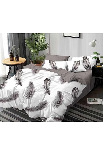 OEM Double Bed Linen Set, Feather Print, 6 Pieces, 2 People, 245x250cm, Finet, Grey-White