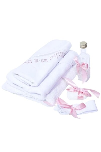 OEM Set botez, 6 piese, „Astăzi am fost botezat”, brodat, alb-roz