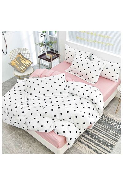 OEM Lenjerie de pat dublă, bumbac satinat, 4 piese, 2 persoane, 240x250cm, imprimeu cu buline, alb-negru
