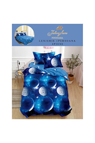 OEM Lenjerie de Pat, Finet Satinat, 1 Persoana, 150x220 cm, 4 Piese, Imprimeu Planete, Bleumarin-Alb