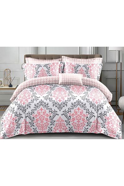 OEM Double Bedding Set, Satin Cotton, 4 Pieces, Abstract Pink-Gray Print, 200x230cm