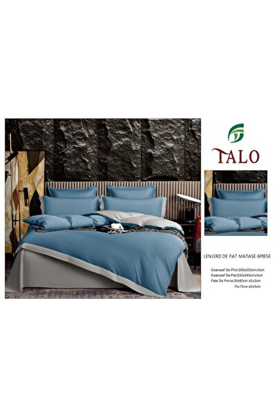 OEM Lenjerie de pat, Bicolor, Imitatie Matase, 2 persoane, 6 piese, 230x245cm, Bleumarin-Gri