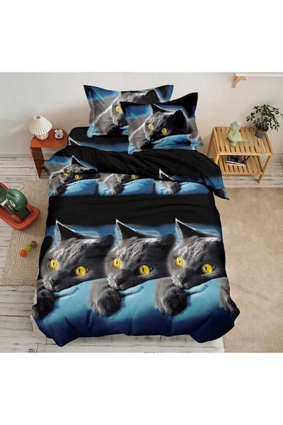OEM Lenjerie de pat, Finet, Imprimeu 3D Multiplicat, 4 piese, 1 persoana, 155x200cm, Pisica, Negru-Albas