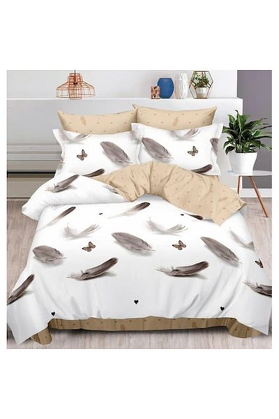 OEM Double Bed Sheet Set, Feather Print, 2 Persons, 240x250cm, Finet, White-Beige Shades