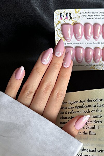Easy Beauty 24 Adet Kısa Badem Pembe Renk Çiçek Desenli Takma Tırnak Seti W1561