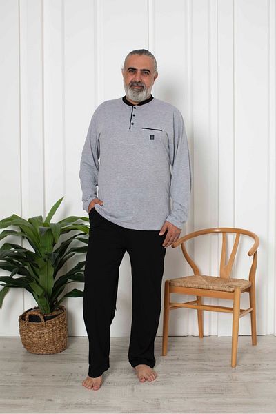 KAPİTEX Σετ ανδρικές πιτζάμες μεγάλου μεγέθους με μακρύ μανίκι με έξι τσέπες σε γκρι μελανζέ χρώμα