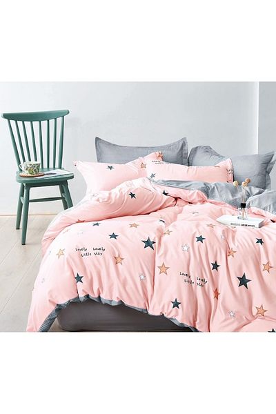 OEM Double Bed Linen Set, Reversible Stars Print, 4 Pieces, 180x200cm, Cotton Satin, Pink