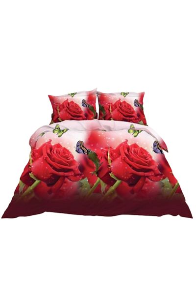 OEM Double Bed Linen, 3D Print Rose, 4 Pieces, 240x250cm, Multicolor, Satin Cotton