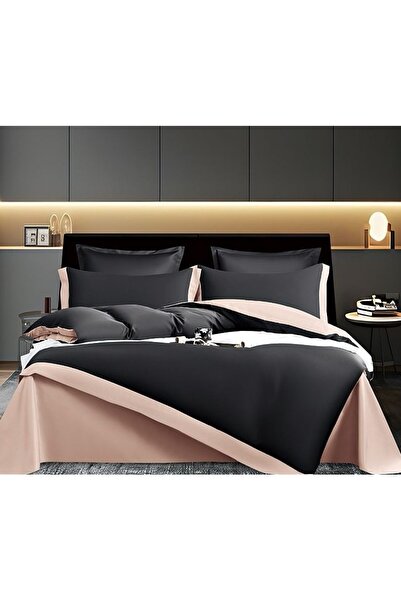 OEM Bed linen set, two-tone, imitation silk, for , 6 pieces, 230x245cm, black-pink