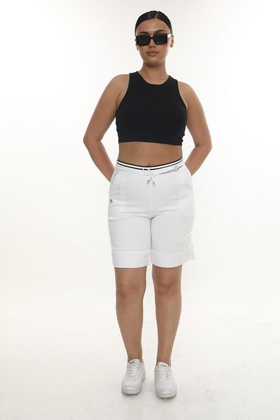 EXİTLİNE Women's Summer White Color Stone Elastic Bermuda Shorts Capri