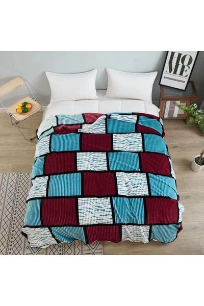 OEM Patura Cocolino, 2 persoane, 200x230cm, Imprimeu Patratele, Turcoaz-Bordo