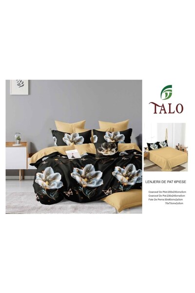 OEM Lenjerie de Pat Dublu, Cearsaf Reversibil, Imprimeu Floral, 6 piese, 2 persoane, 230x245cm, Finet, N
