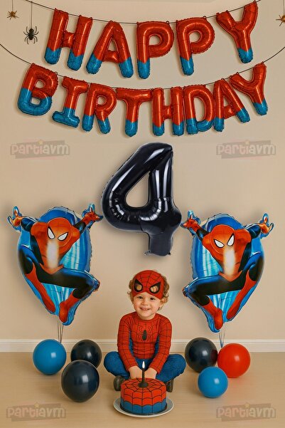 PARTİAVM Örümcek Adam Konsept 4 Yaş Doğum Günü Balon Set Örümcekadam Parti Ba...