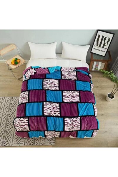 OEM Patura Cocolino, 2 persoane, 200x230cm, Imprimeu Patratele, Mov-Albastru